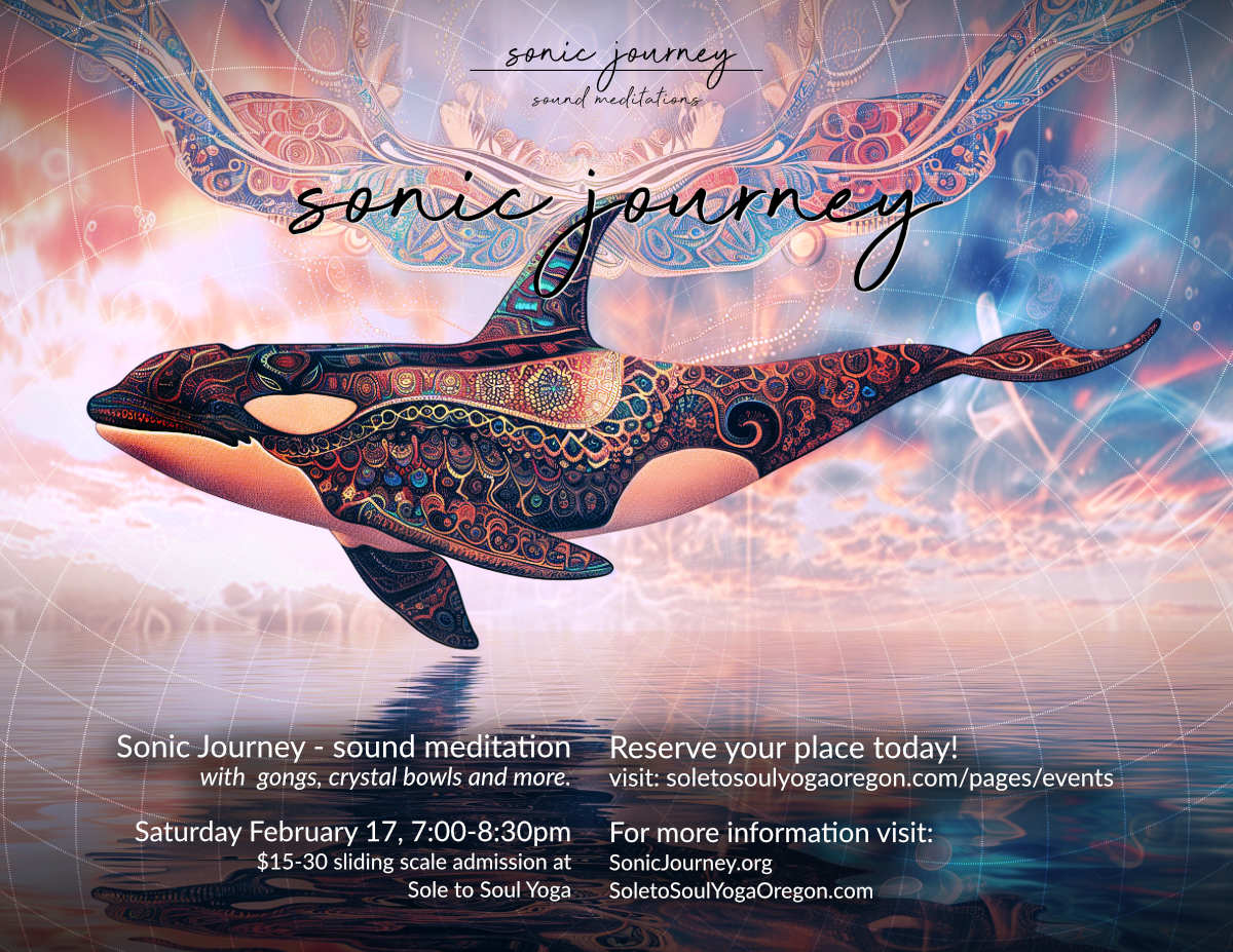 Orca Poster for the February Sonic Journey at Sole to Soul Yoga in Albany