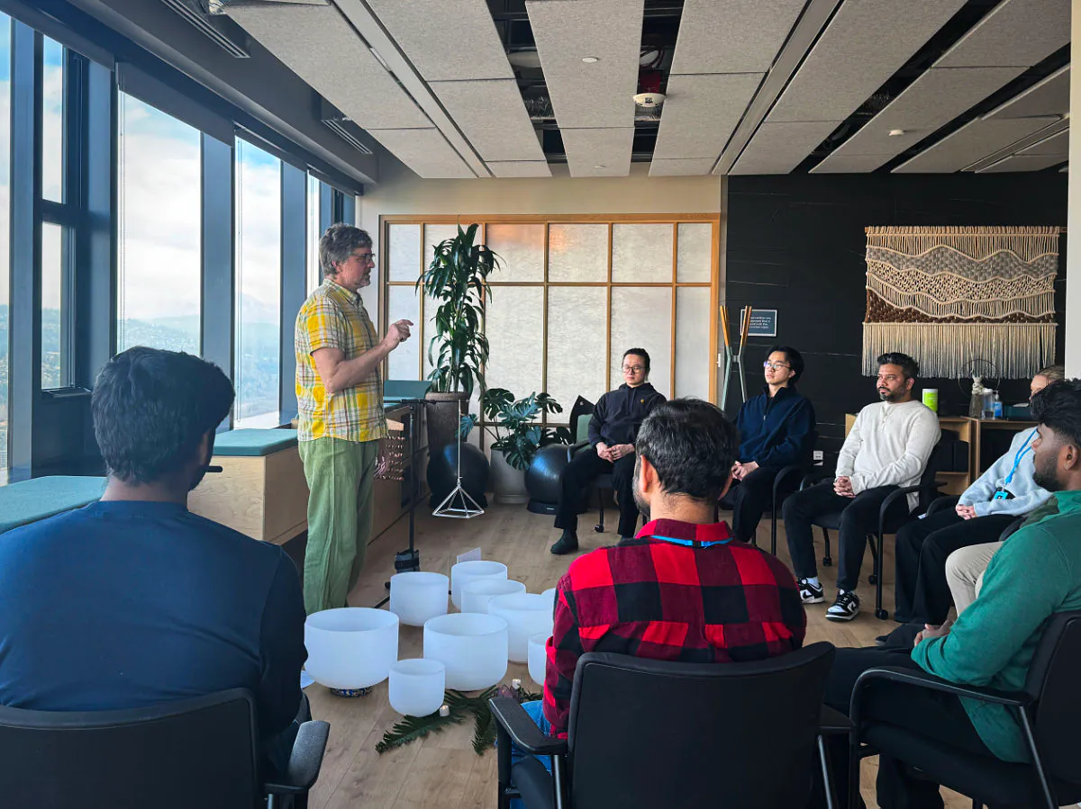 Mark explaining the calming breath before a 15 minute corporate Sonic Journey sound bath sound meditation Mark explaining the calming breath before a 15 minute corporate Sonic Journey sound bath sound meditation